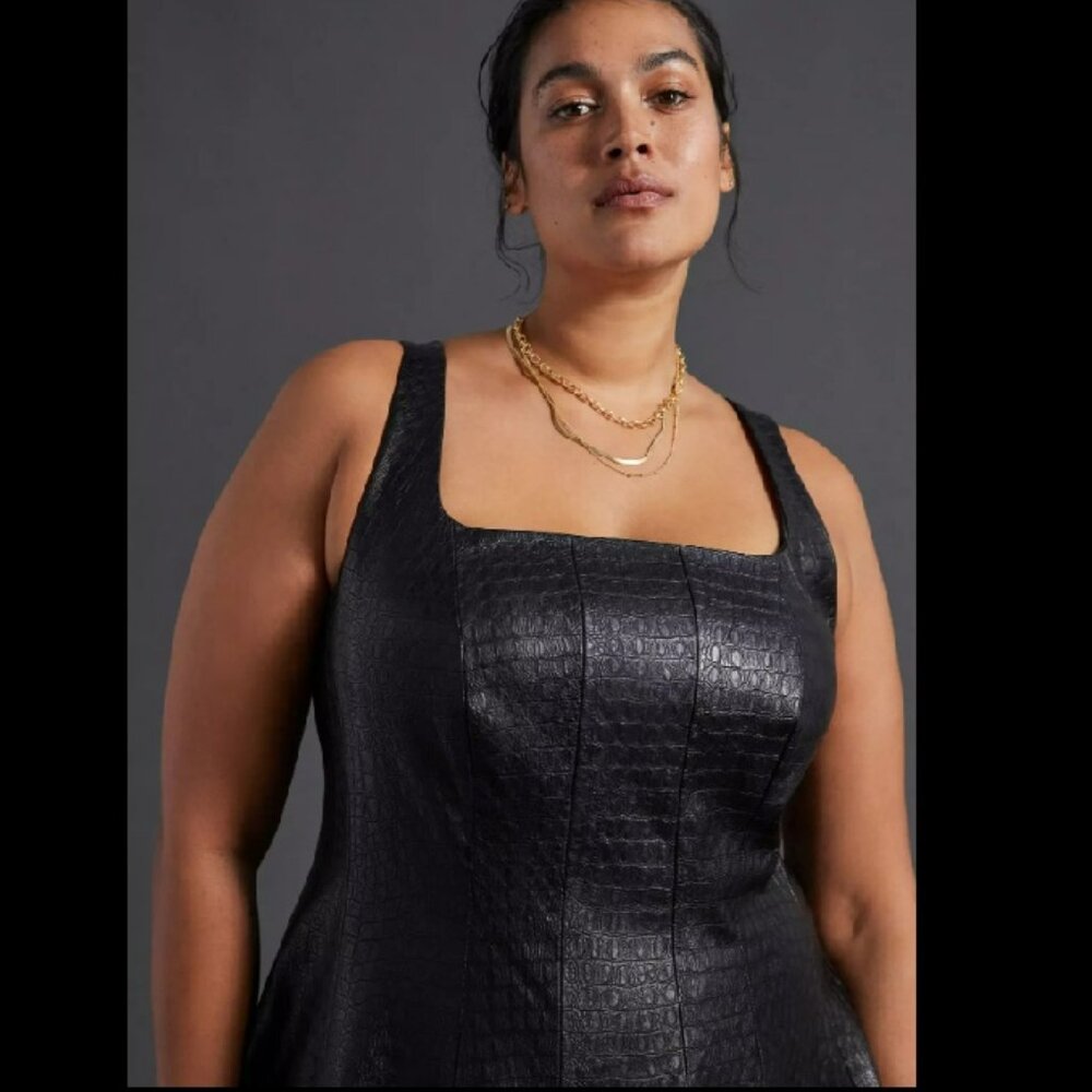 Anthropologie Avec Les Filles Black Faux Leather Midi Dress Sz LP - Picture 3 of 16